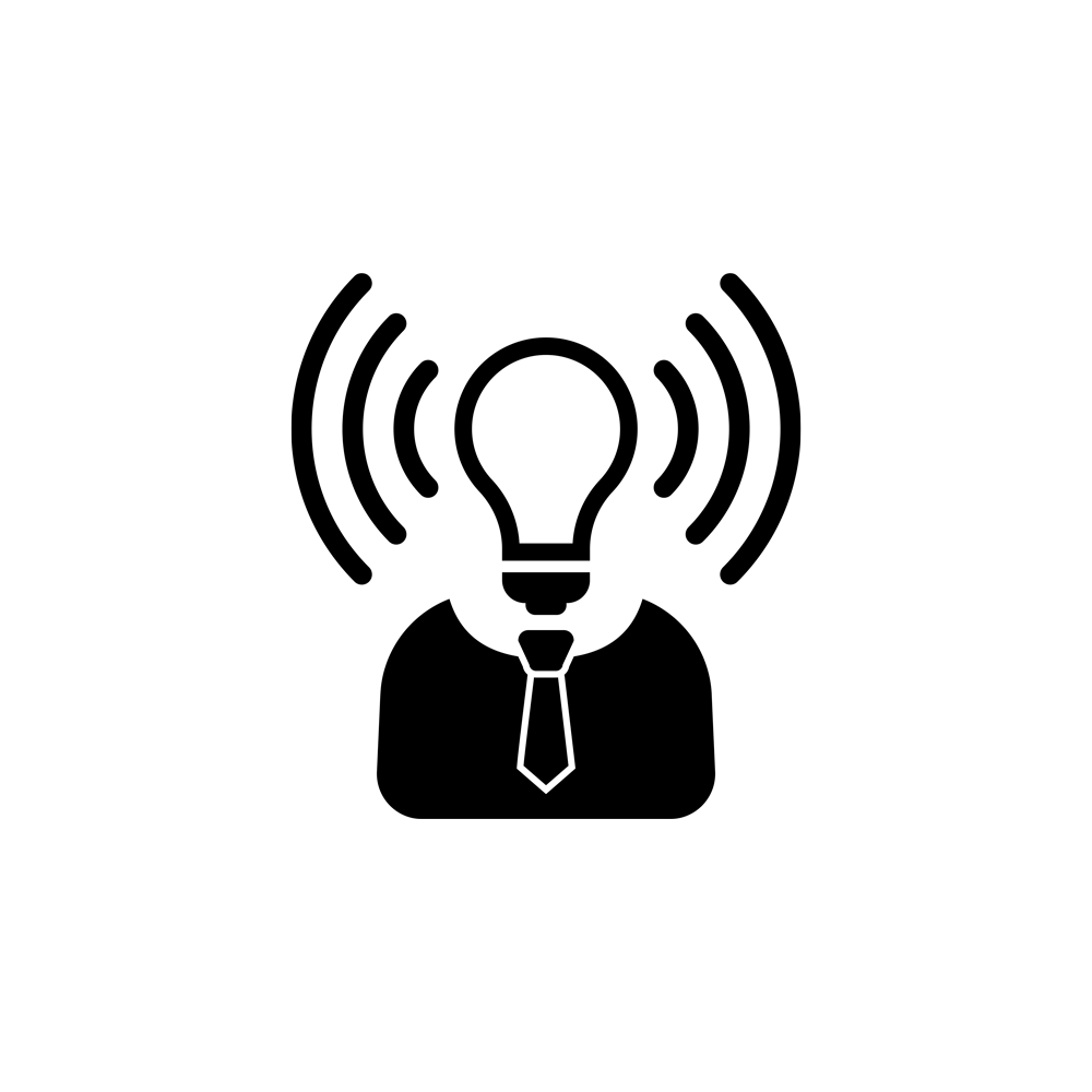 A lightbulb with sounds waves coming towards it as to demonstrate listening wearing a suit and tie dipecting an employee or company 