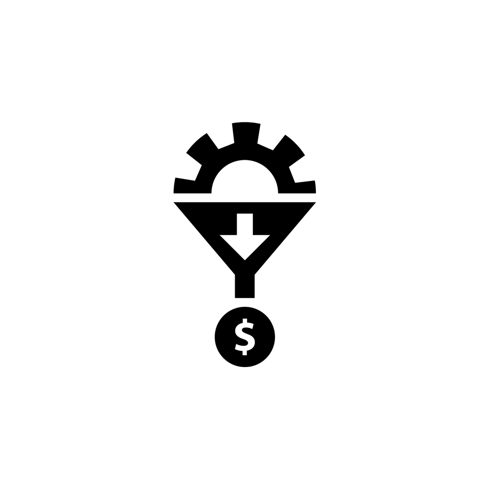 Grey picture, with Half of a gear cog going into a funnel, dispensing a dollar sign